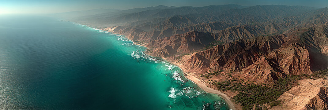 Panoramic aerial view of a rugged coastline with turquoise waters meeting dry, mountainous terrain under a clear sky