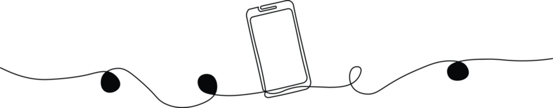 Modern minimalist single line drawing of a phone on a wavy line with dots, perfect for simple tech designs and creative projects, offering a clean aesthetic