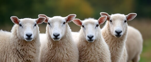 Obraz premium A group of fluffy sheep gathered closely in a green meadow.