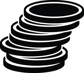 Black silhouette icon of a slightly tilted stack of coins Money wealth savings finance symbol vector illustration