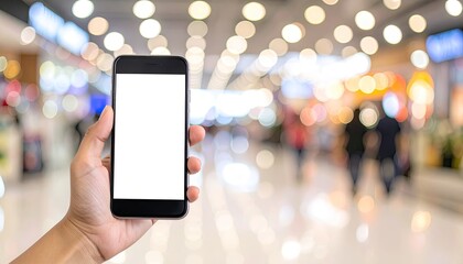 Close up of a hand holding a black smartphone with a blank white screen in a brightly lit shopping mall with a blurred background of shoppers and colorful bokeh lights creating a festive atmosphere