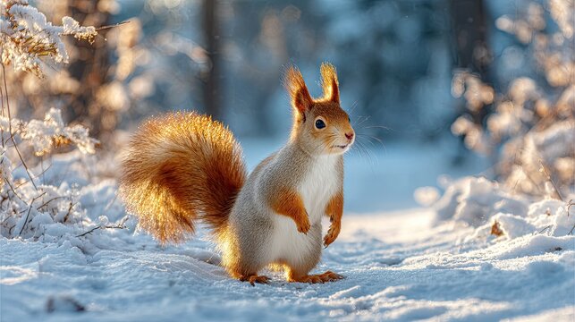 Red squirrel in winter forest standing on snow with sunlight highlighting fluffy tail