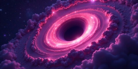 A Cosmic Vortex of Pink Nebulae and Glowing Accretion Disk Surrounded by Soft Clouds in a Dark Universe