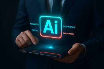 Businessman holding a tablet displaying a glowing ai logo with futuristic digital data streams