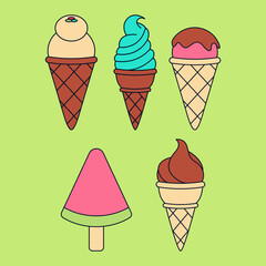 Colorful Ice Cream Vector Illustration Bundle for Dessert, Sweet, and Summer Design