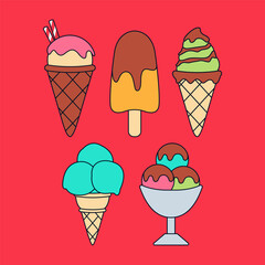 Colorful Ice Cream Vector Illustration Bundle for Dessert, Sweet, and Summer Design