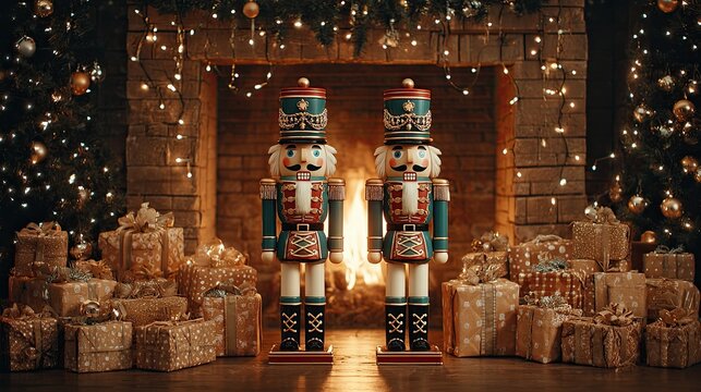Two wooden nutcracker soldiers standing by fireplace with Christmas gifts and warm festive decorations - Powered by Adobe