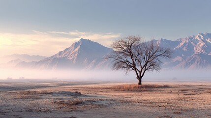 Lonely dry tree in desert plain with golden light and misty mountain range in background at sunrise