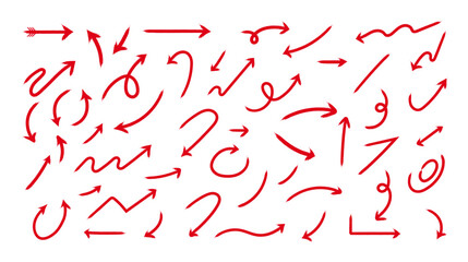 A collection of hand-drawn red arrows in various styles and directions.