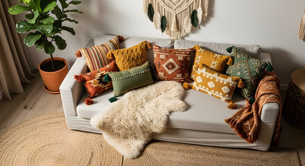 Stylishly decorated living room with cozy pillows and throw blanket on sofa