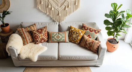 Boho chic living room featuring cozy sofa with patterned pillows and potted plants