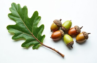 Single green oak leaf with stem lies next to several acorns. Acorns vary in color from green to brown. Isolated on white background. Natural object.
