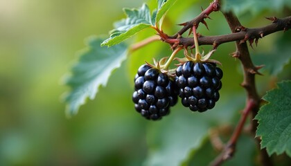 Close-up of ripe blackberries on a thorny vine. Berries are fresh juicy with green leaves. Detail photo with soft green background. Fruit grows in summer season.