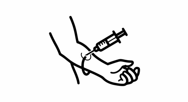 Simple line-art vector illustration of a hypodermic syringe giving an injection into the forearm or inner elbow, symbolizing vaccination, medical procedure, blood test, or intravenous substance abuse
