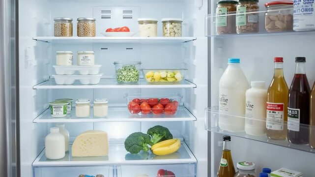Refrigerator with fresh food inside, fridge full of vegetables, drinks, fruits and groceries, refrigerator used in kitchen for meal prep, grocery storage and healthy home lifestyle