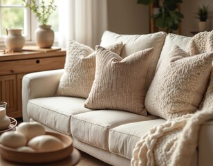 Cozy living room interior. Comfy sofa holds textured cushions, soft knit blanket. Natural light fills space from window. Warm neutral tones create relaxing home atmosphere. Wooden furniture, decor
