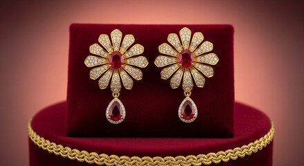 Obraz premium Exquisite Ruby & Diamond Floral Earrings in Gold Exuding Luxury and Elegance Perfect for Special Occasions