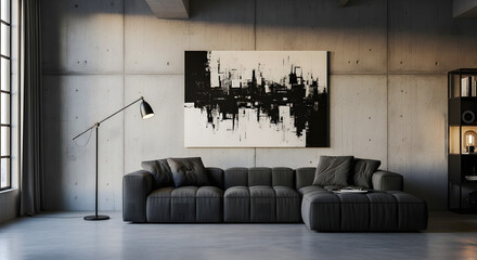 Modern living room showcasing elegant sofa and abstract art in a stylish home