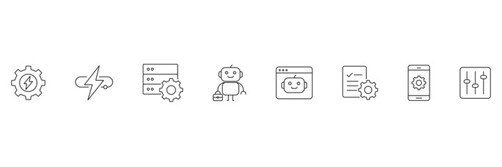 Fototapeta premium Business automation, ai technology, chatbot interface, mobile settings, workflow optimization, data management, robot assistant, control panel icon vector illustration