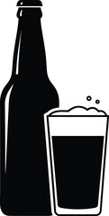 Black Silhouette Icon of Beer Bottle and Full Glass Vector Graphic