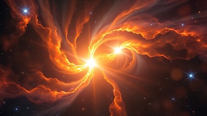 Two star cores weave jewel-toned gas ribbons in an ultra-detailed cosmic nebula close-up.