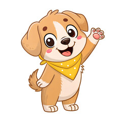 Fototapeta premium ​Adorable, cartoon puppy with big, round eyes and a joyful expression, wearing a bright yellow, polka-dot bandana, cheerfully waving hello