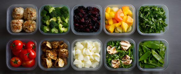 The neatly organized containers hold wholesome balanced nutritious meals ready for the week ahead