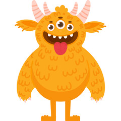 Orange Furry Three Eyed Monster With Pink Horns And Pink Tongue Sticking Out Standing On Transparent Background