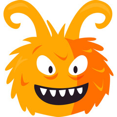 Orange Fluffy Monster With Two Horns And Big Teeth Smiling And Looking Forward On Transparent Background