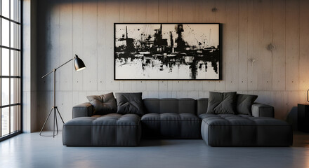 Modern living room with minimalist decor, stylish sofa, and artistic wall art