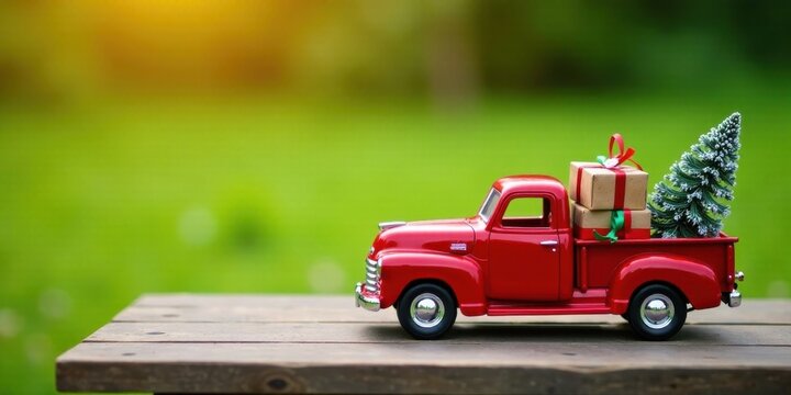 A festive red vintage truck transports gifts and a miniature evergreen tree on a rustic wooden surface, creating a charming holiday scene against a blurred green backdrop.