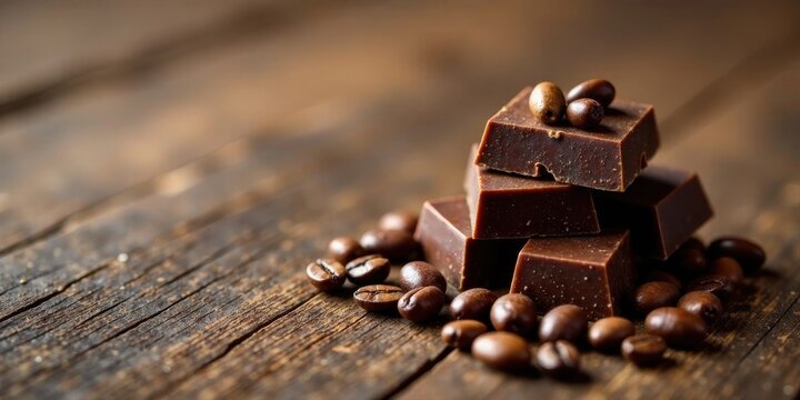 Aromatic Dark Chocolate Squares and Roasted Coffee Beans on Rustic Wooden Surface
