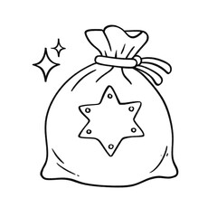 Santa gift bag with star decoration and sparkles in festive black and white Christmas line art style
