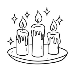 Three burning candles on a plate with sparkles in cozy black and white festive line art style
