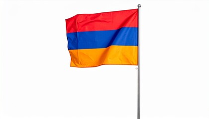 Generated imageArmenian flag with red, blue, and orange horizontal bands waving on silver pole against white background, symbolic and vibrant.
