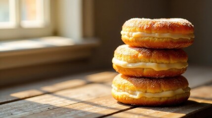 Three Sweet Doughnut Delights Stacked High, Bathed in Warm Sunlight on Rustic Wooden Surface