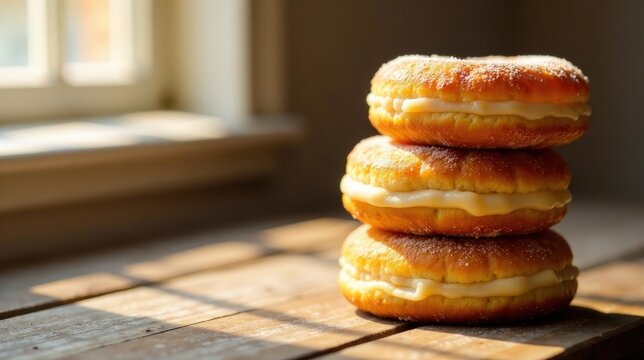Three Sweet Doughnut Delights Stacked High, Bathed in Warm Sunlight on Rustic Wooden Surface