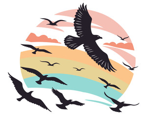 Silhouette of flying birds in sunset, vector illustration isolated on white background