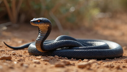 Fototapeta premium Black mamba snake coiled on ground with head raised. Venomous reptile in savanna habitat. Dangerous animal with orange eyes and scales on dry land with rocks and vegetation in background.