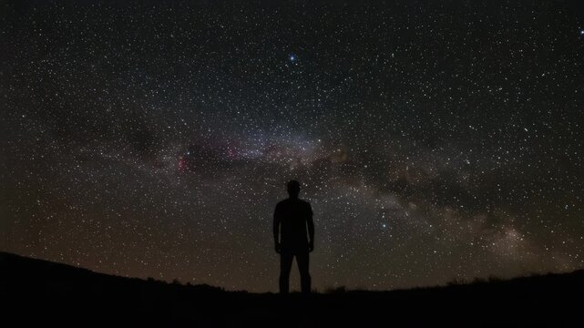 Silhouette of man looking at galaxy, night stargazing under cosmic sky, galaxy view in dark night, universe landscape with stars, deep galaxy inspiration, astronomy and galaxy scene