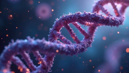 DNA double helix structure with mutations. Purple DNA strands with damaged segments. Genetic material with altered code. Close-up view of twisted DNA molecule. Abnormal cells with genetic disorders.