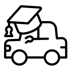 Car vehicle with graduation cap line icon, driver license concept. Vector graphics. Hat with automobile, transport sign on white background, style icon mobile or web design.