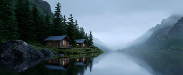 Fototapeta premium Tranquil mountain retreats beside serene mirror-like lakes offer peaceful escapes.