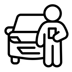 Instructor man with car vehicle line icon, driver license concept. Vector graphics. Man with test paper and transport sign on white background, style icon mobile or web design.