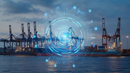 Global Logistics Network Digital Overlay on Cargo Ship Cranes at Dusk Harbor Shipping Industry - Powered by Adobe