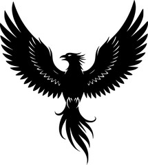 Obraz premium Phoenix silhouette. This image shows a black silhouette of a phoenix with outstretched wings, symbolizing rebirth, resurrection, and immortality. Vector clipart illustration design 