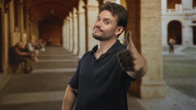 Man showing thumbs up in old town building colonnade with hand to chest and slight smile; friendly approval confidence.