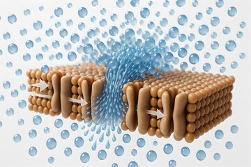 Photorealistic 3D medical illustration of osmosis, semipermeable membrane separating two aqueous compartments with higher solute concentration on one side, water molecules moving