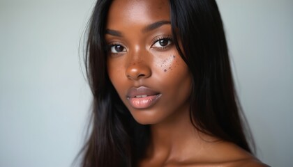 Young african american woman with dark skin and black spots on cheek. Female face with acne and hyperpigmentation closeup. Brunette girl with natural makeup and long straight hair.