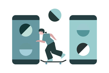 Young person skateboarding between two smartphones, representing modern lifestyle, technology connection, and digital creativity in everyday life.